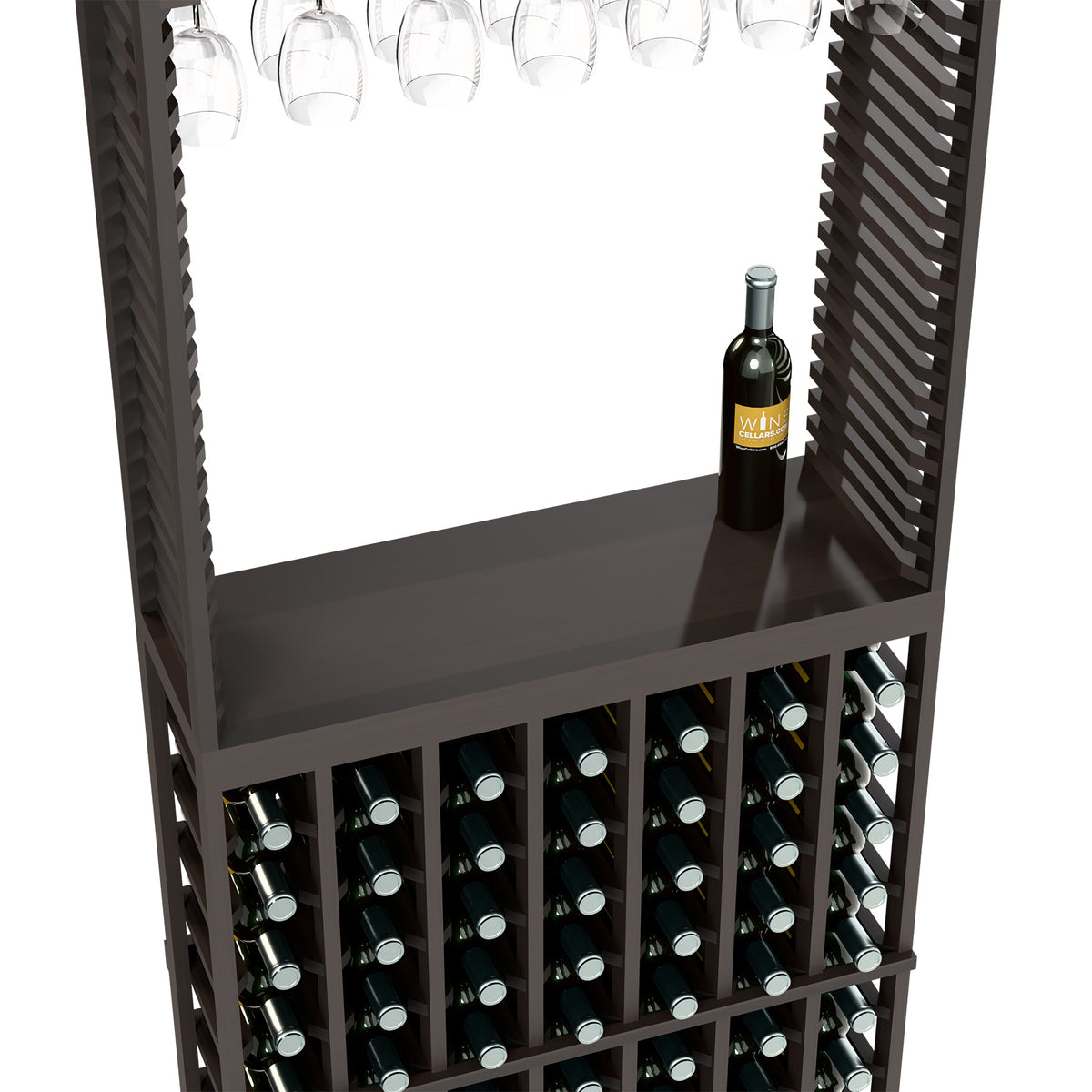 Dark grey tasting station with stemware rack, bottle on top shelf, and wine bottle cubbies.