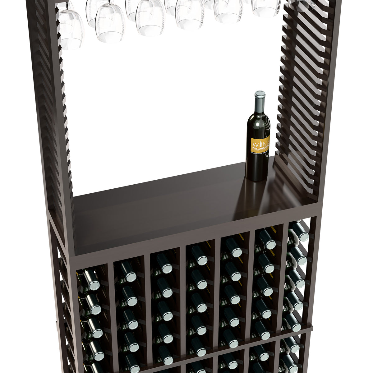 Dark wood wine tasting station with stemware rack and bottle storage shelves