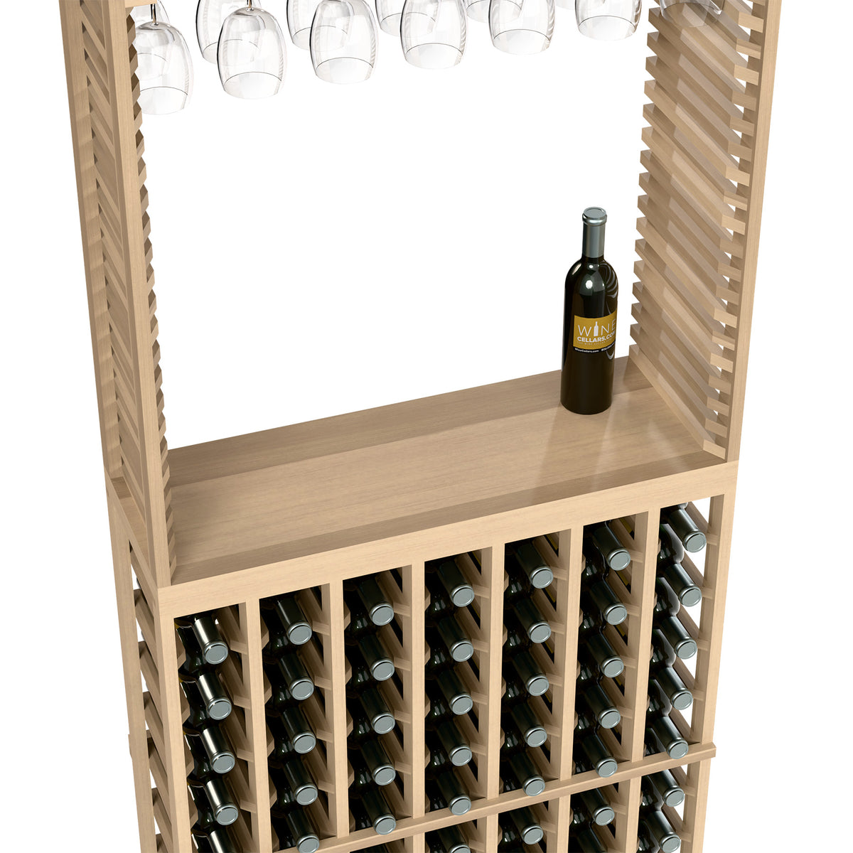 Light wood wine tasting station with stemware rack above and wine bottle rows