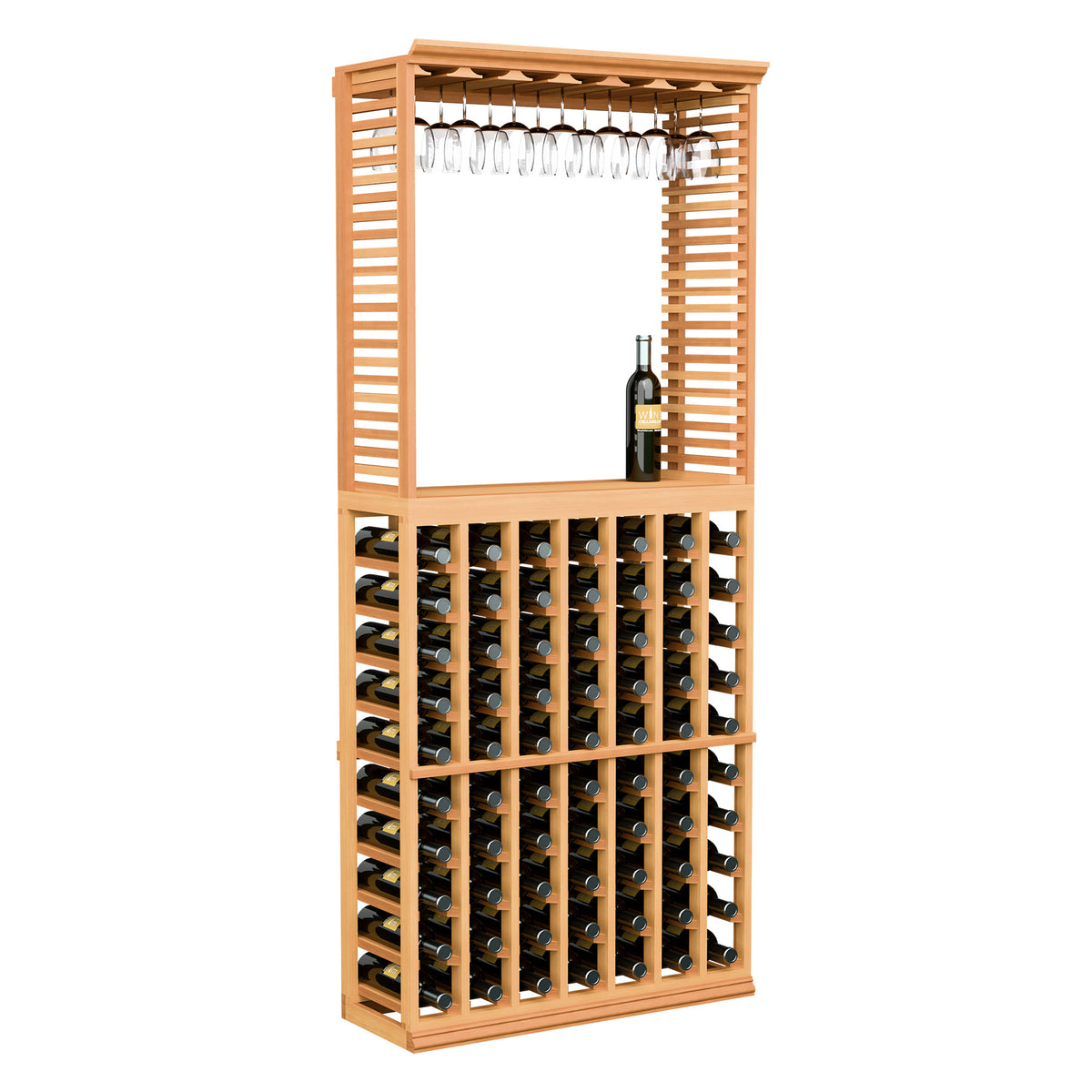 Reddish wood wine tasting station with stemware rack above bottle storage