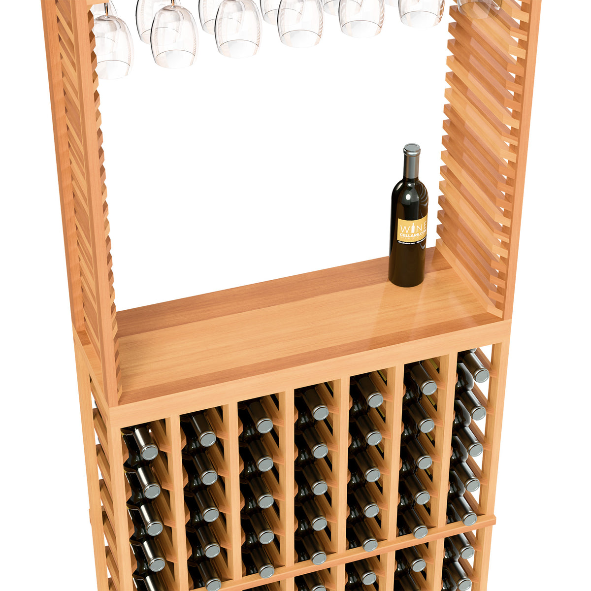 Reddish wood wine tasting station with stemware rack and wine bottle shelving