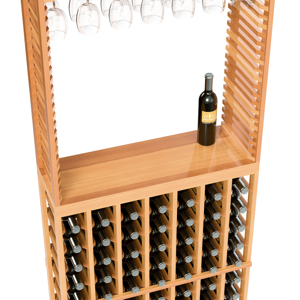 Wood wine tasting station with stemware rack and wine bottle holders, bottle on top shelf