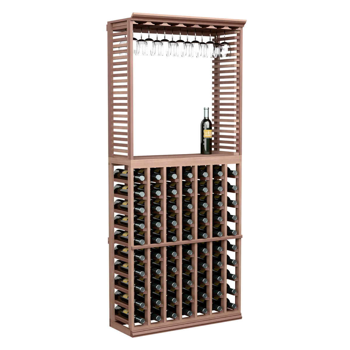 Reddish wood wine tasting station with stemware rack and enclosed bottle storage
