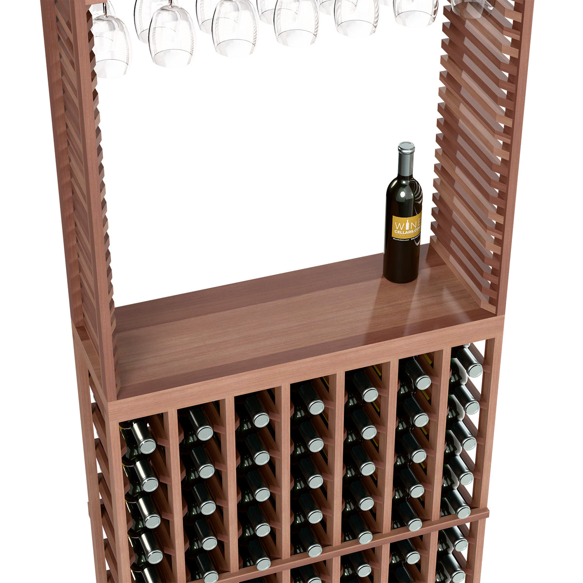 Reddish wood wine tasting station with stemware rack and front wine bottle storage