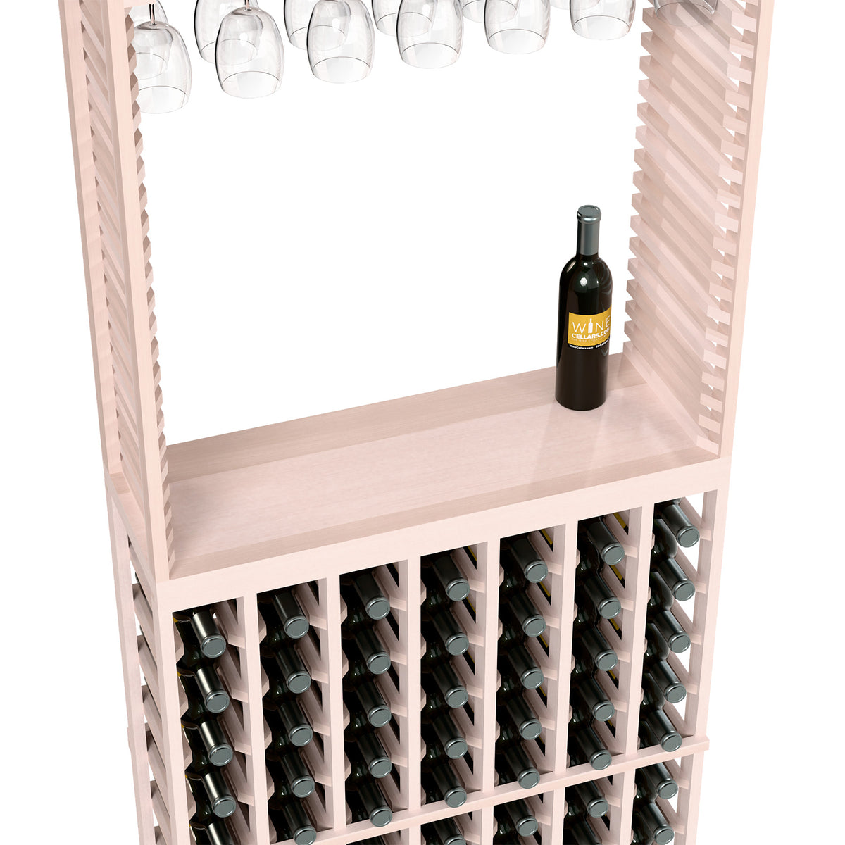 White wine tasting station with stemware rack, bottle tabletop, and lower bottle storage.