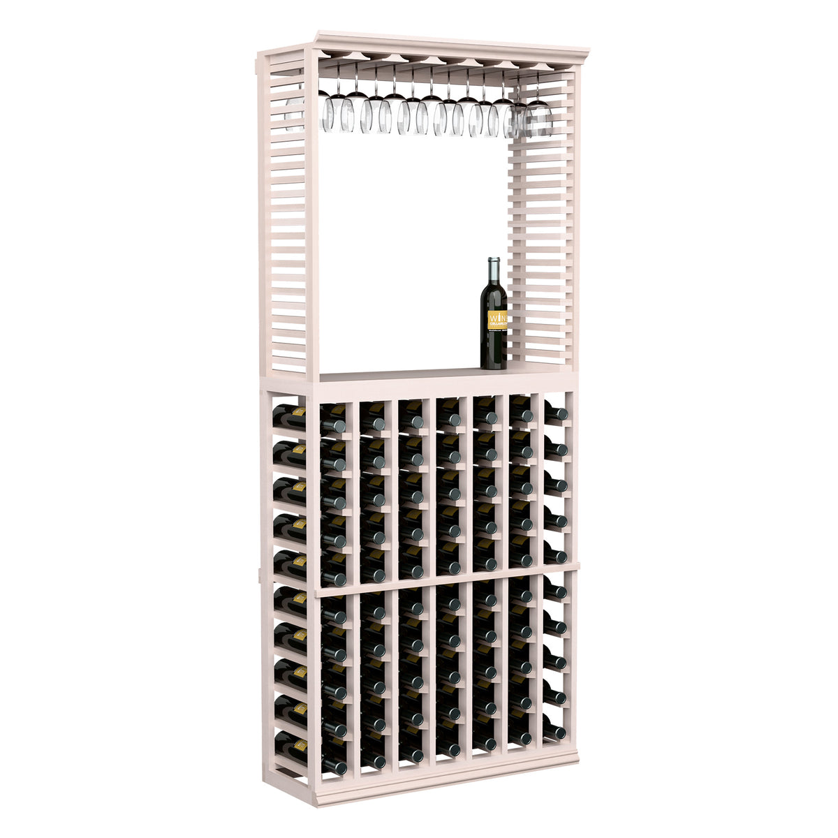 White wood wine tasting station with top glass rack and front rows of wine bottle slots.