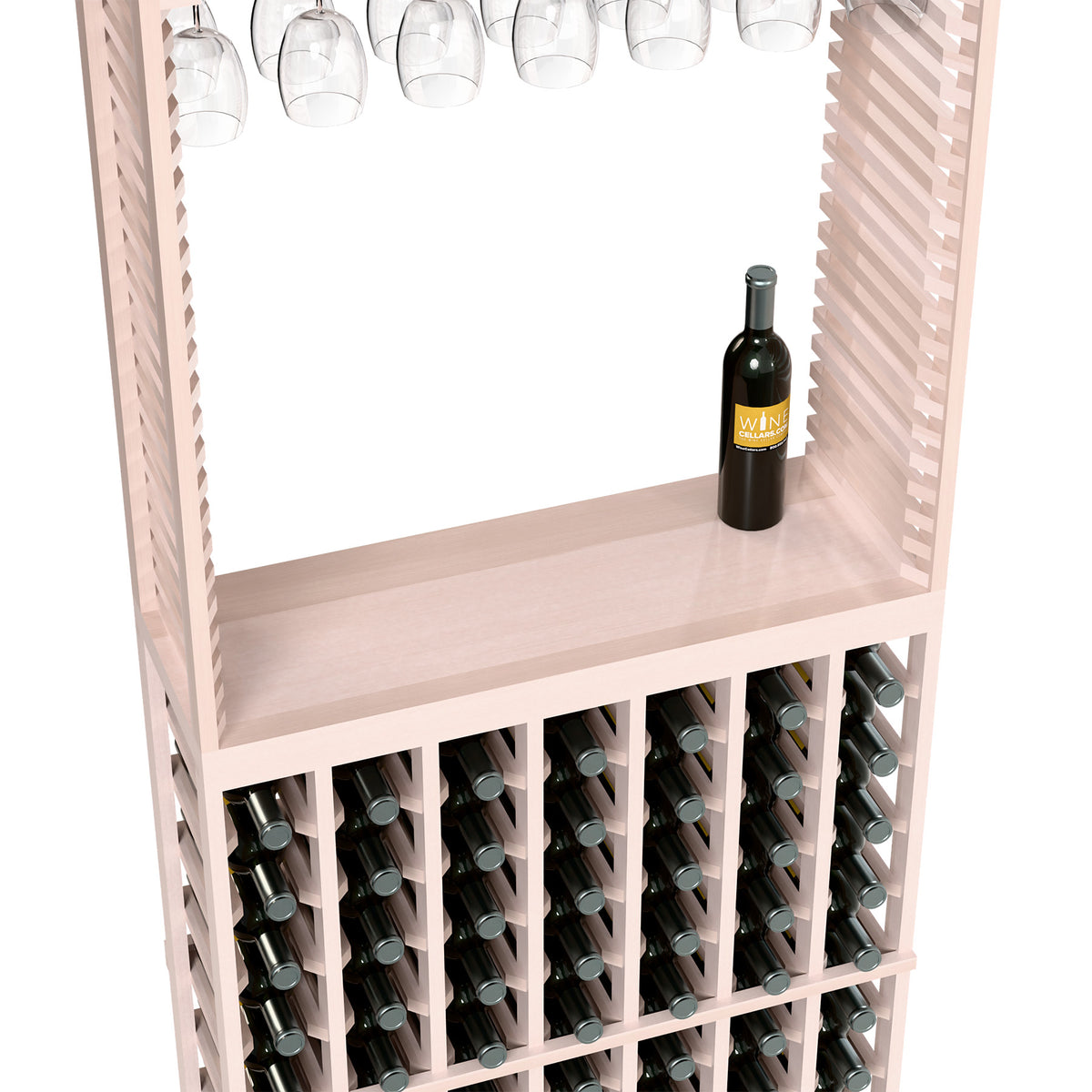 White wood wine tasting station with stemware rack and tabletop holding a wine bottle.