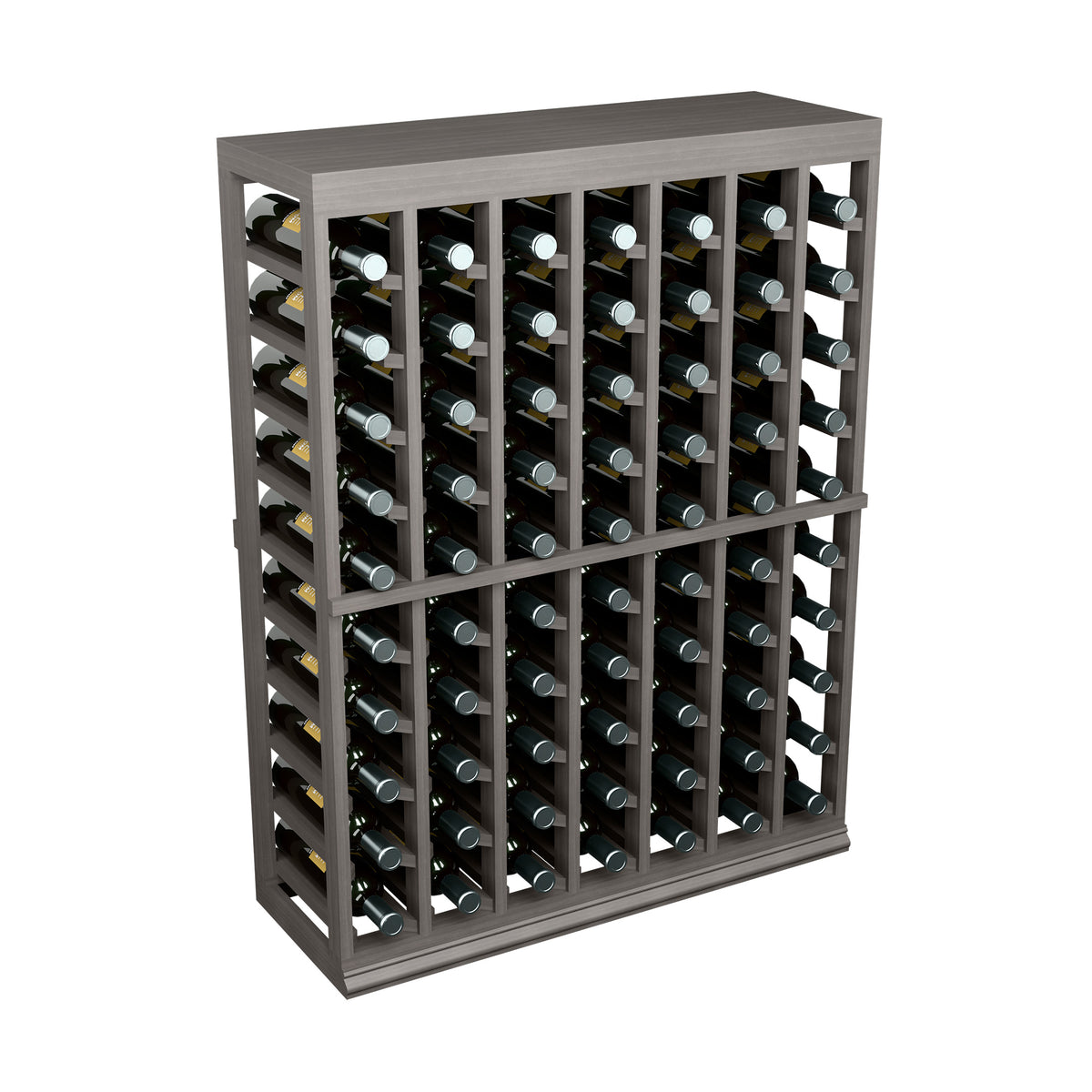 Dark wood half-height wine bottle rack with solid top, holds many bottles
