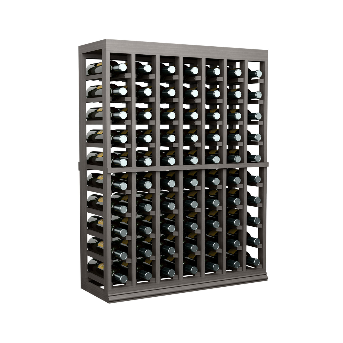 Dark wood half-height wine bottle rack with solid top, front view of bottle slots