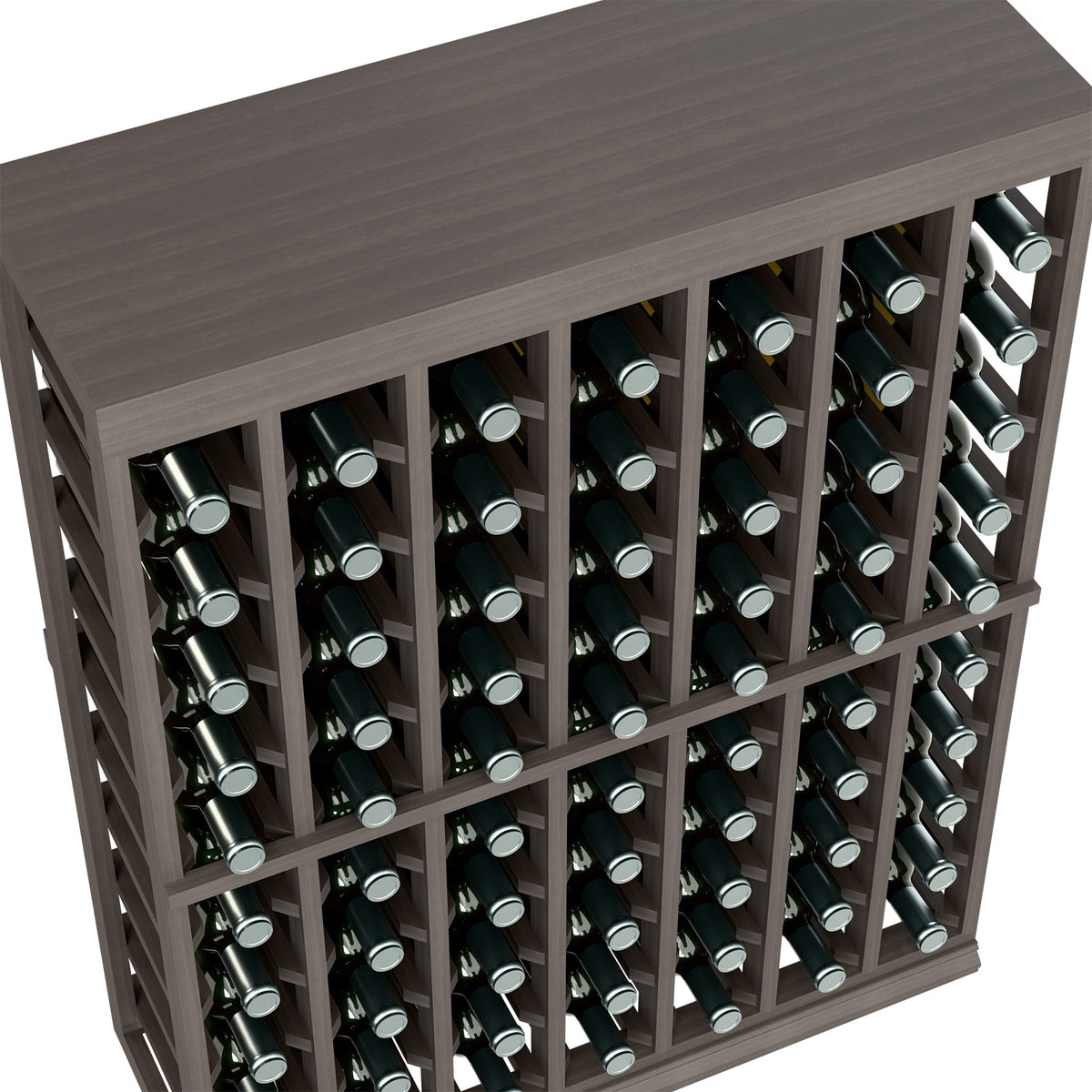 Dark wood wine bottle rack top edge with bottle necks visible in front openings