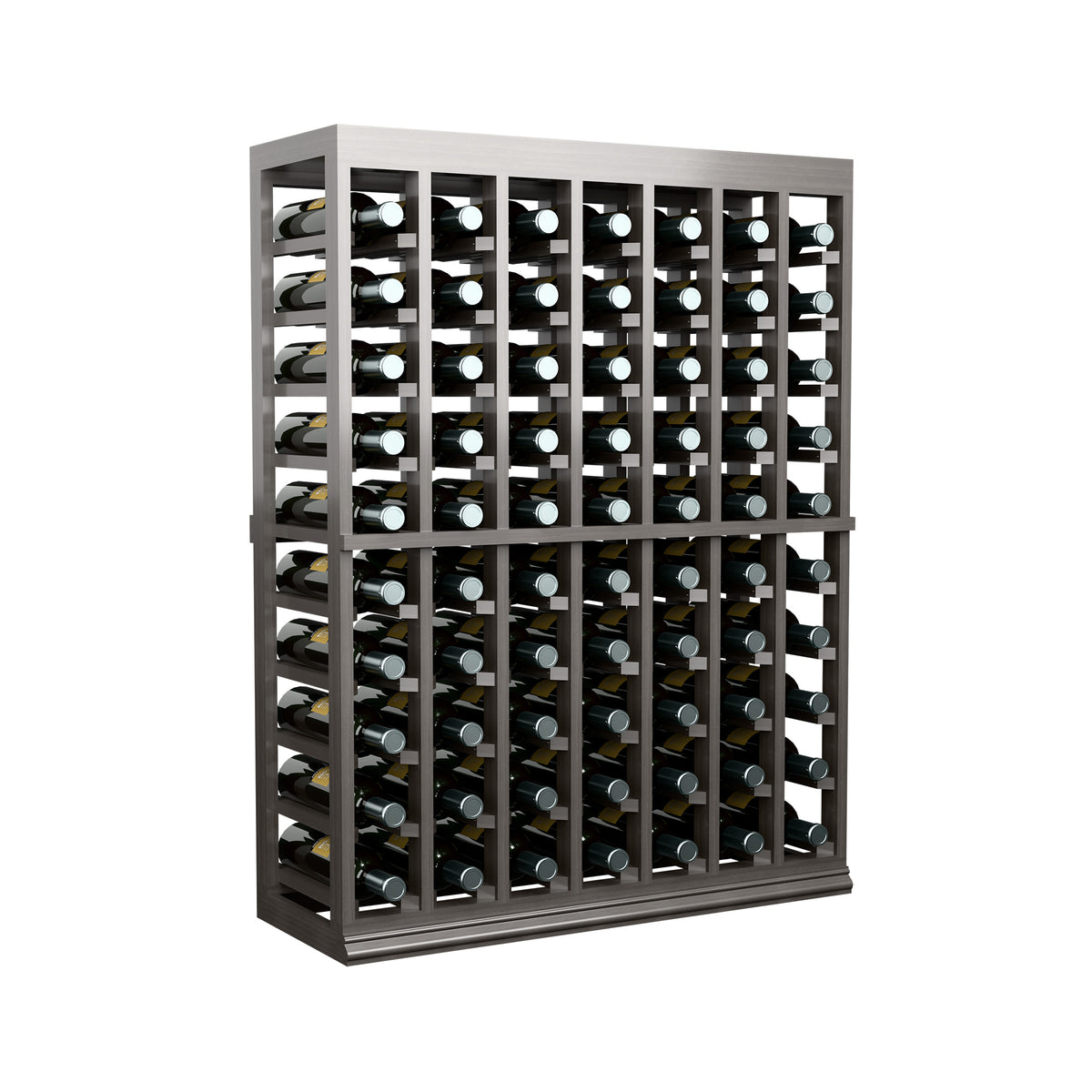 Red wood half-height wine bottle rack with solid top, rows of wine bottles