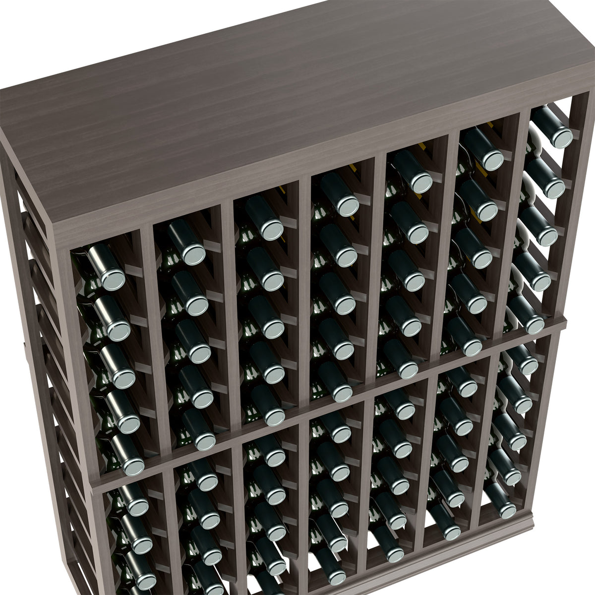 Red wood wine bottle rack close-up showing bottle necks in front slots