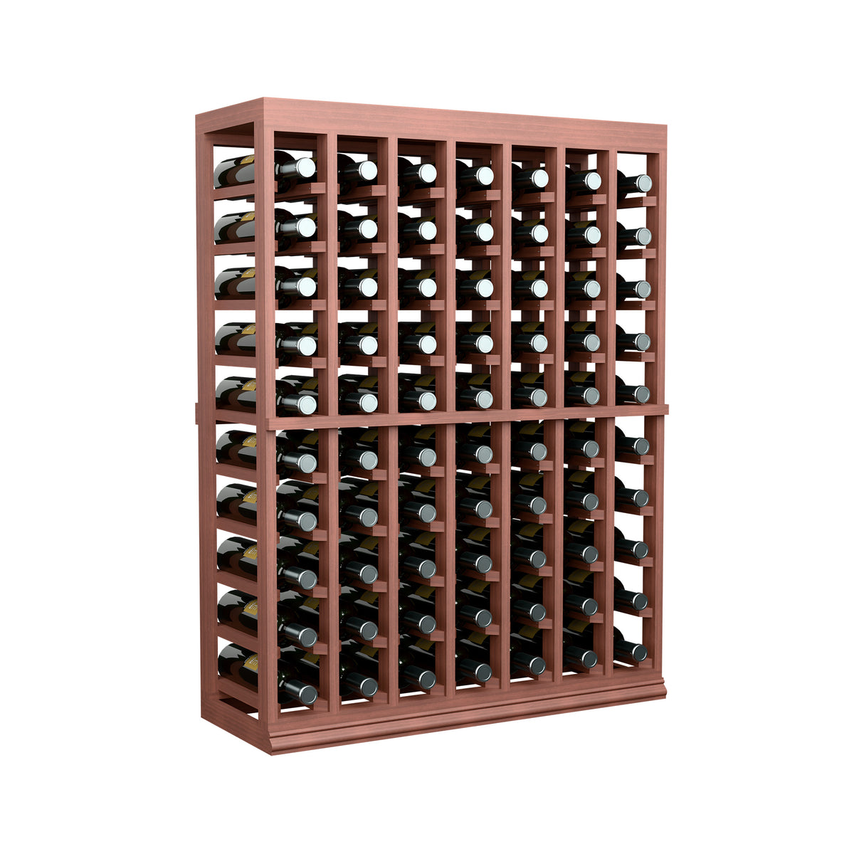 Red wood half-height wine bottle rack with solid top and evenly spaced bottle openings