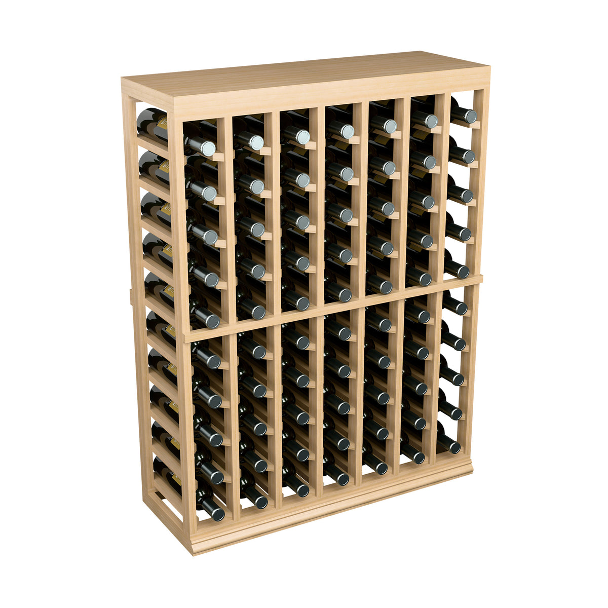 Wine bottle storage rack with solid half-height top, light wood, organized bottle storage