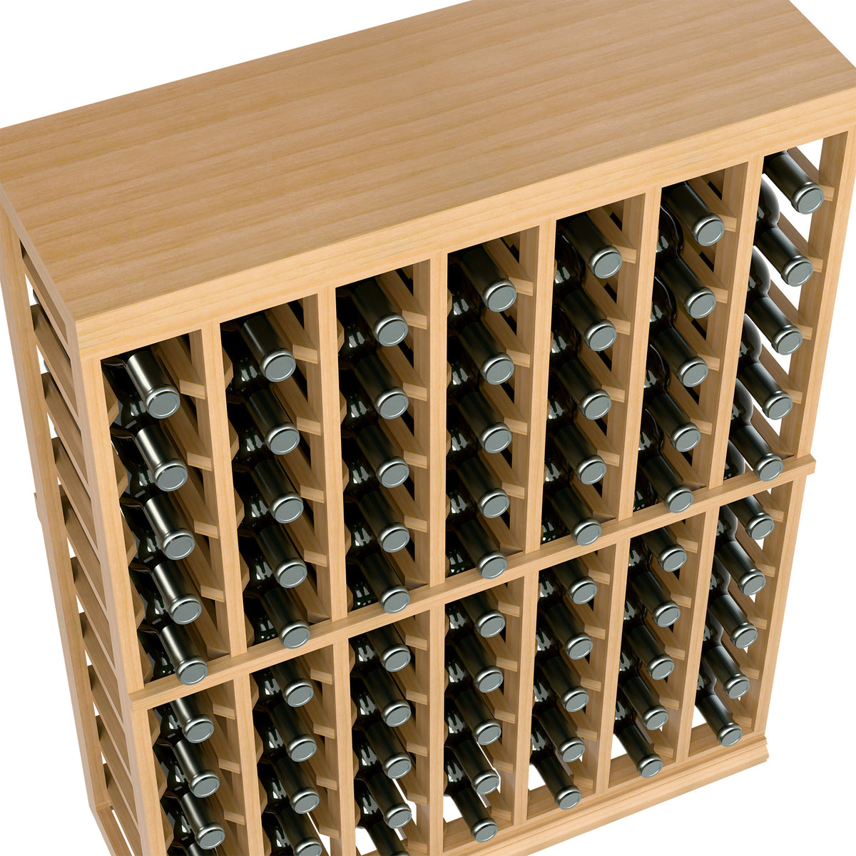 Wine bottle storage rack close-up, light wood frame with bottle neck openings
