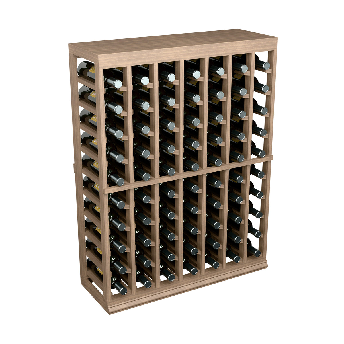 Wine bottle storage rack with solid half-height top, medium brown wood, bottle compartments