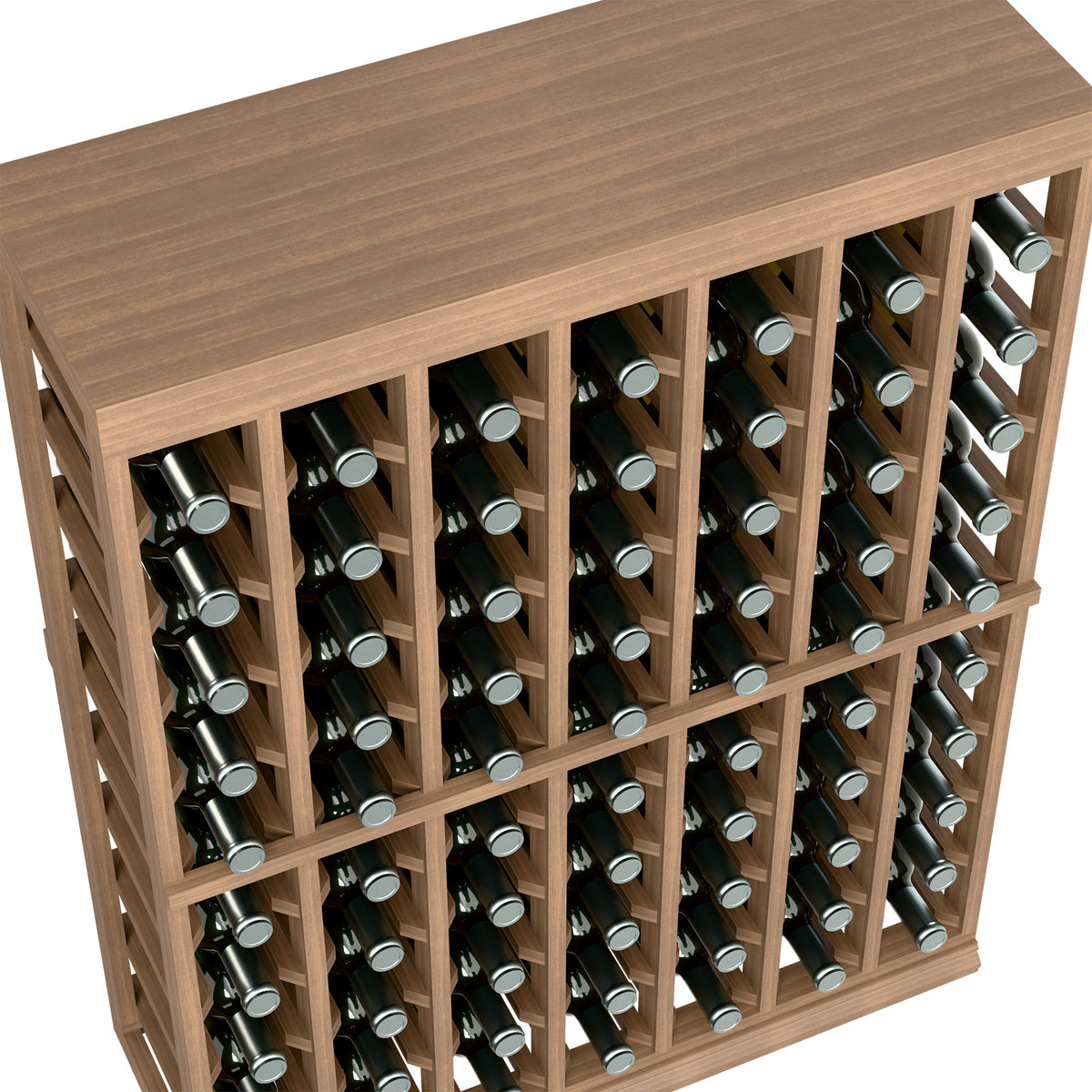 Half-height wine tasting table with solid top; open front holds rows of wine bottles