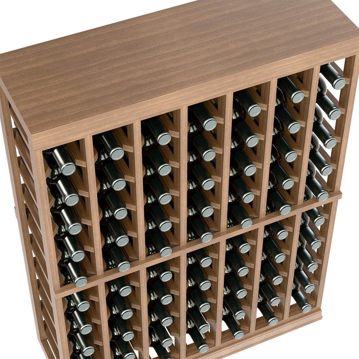 Half-height wine tasting table with solid top; close view of bottle slots in wood frame