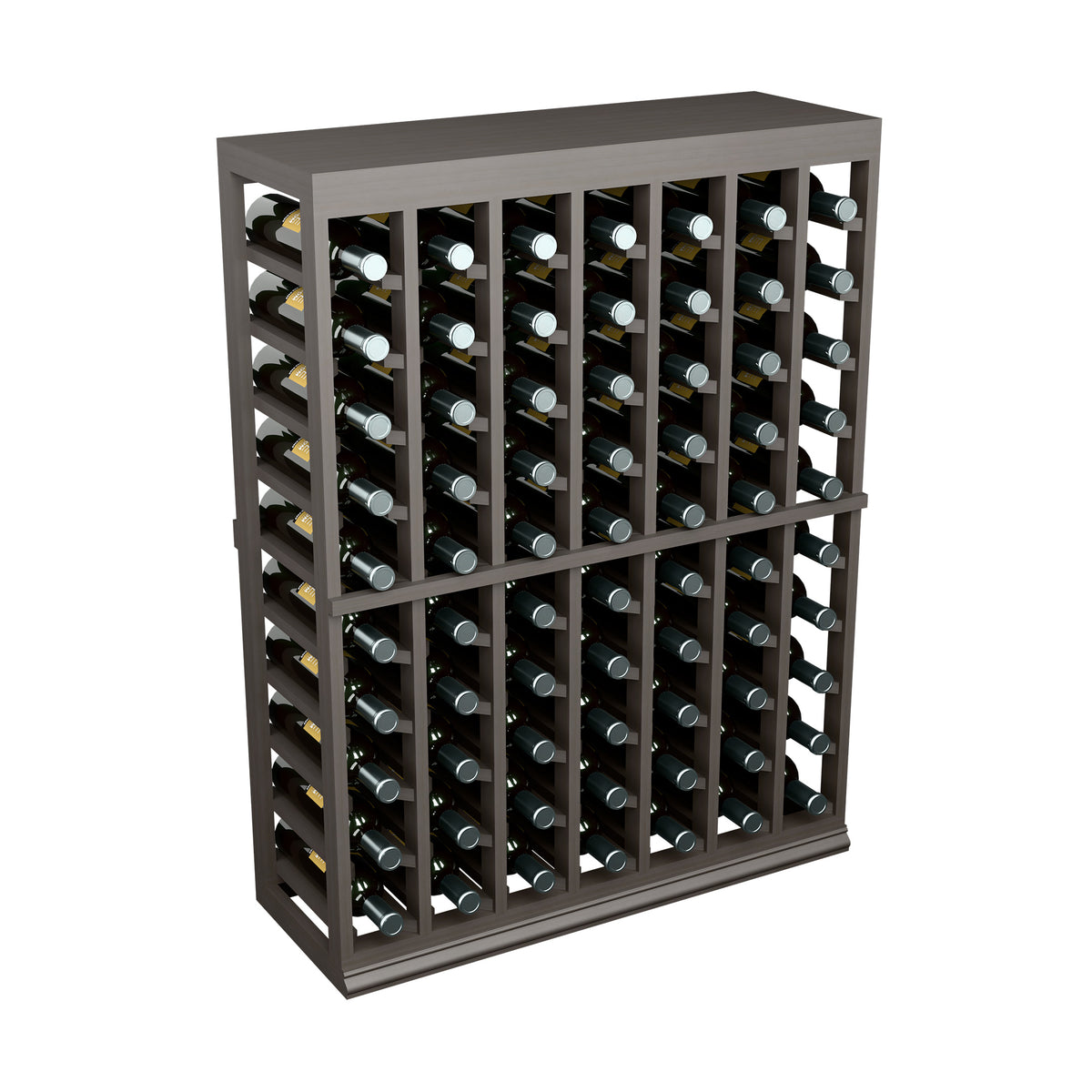 Half-height wine tasting table with solid top; dark finish bottle organizer with open sides