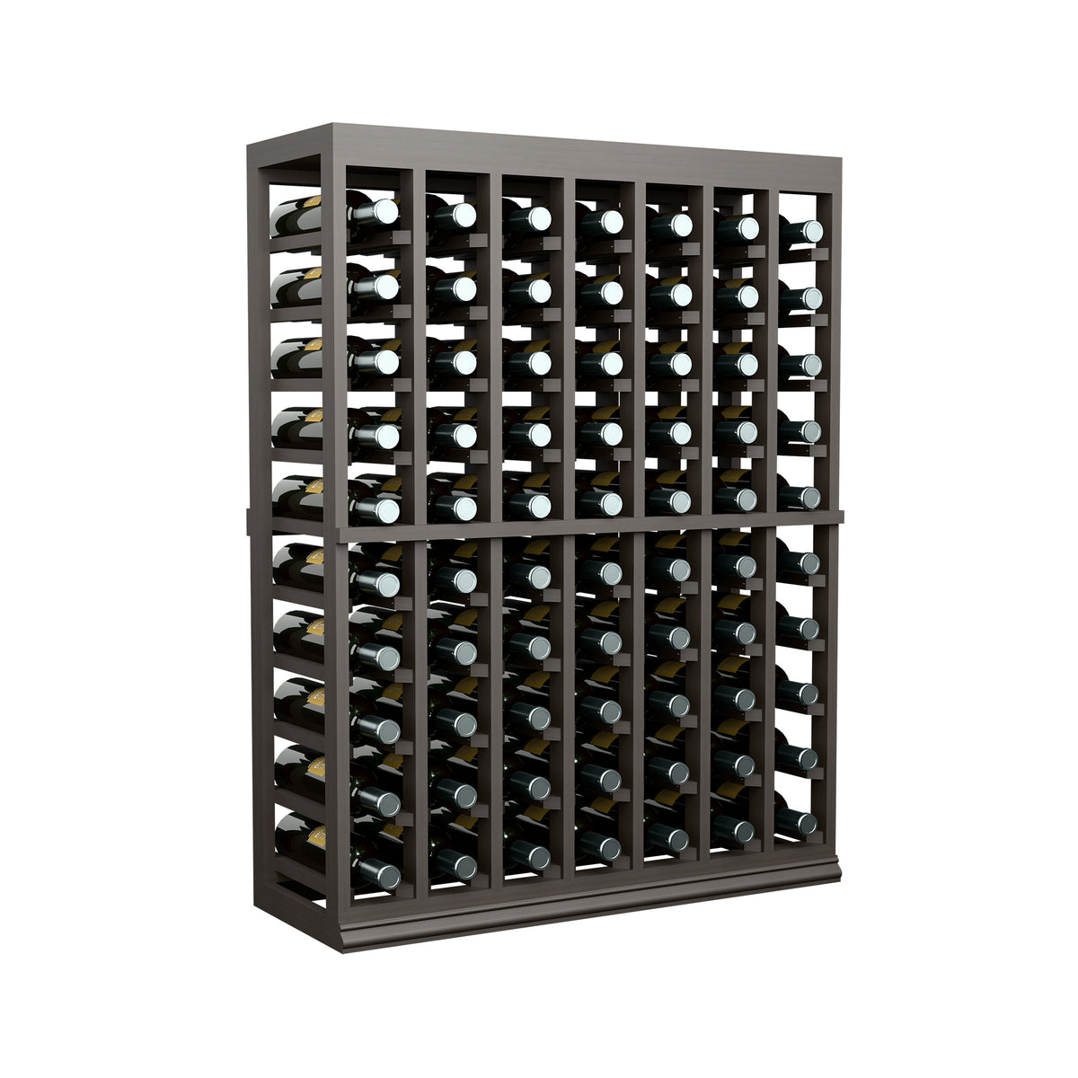 Half-height wine tasting table with solid top; dark wood rack with many bottle holders