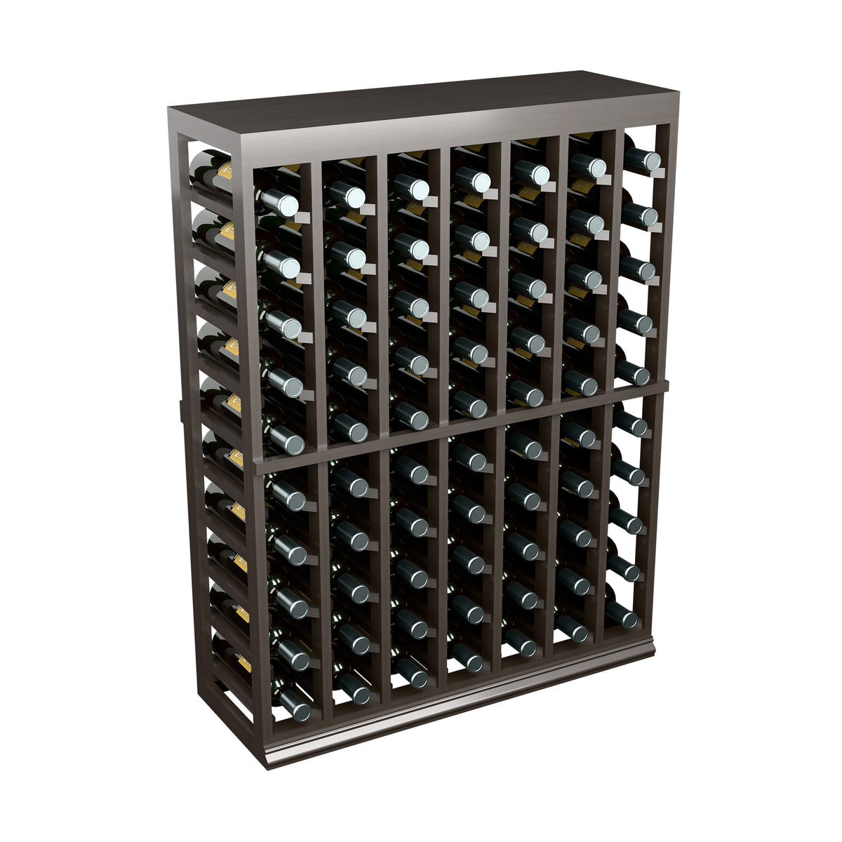Half-height wine tasting table with solid top; front view of dark wood bottle storage unit