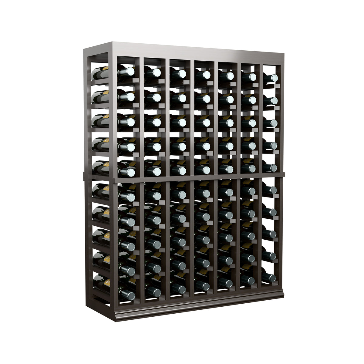 Half-height wine tasting table with solid top; dark wood rack showing multiple bottle rows