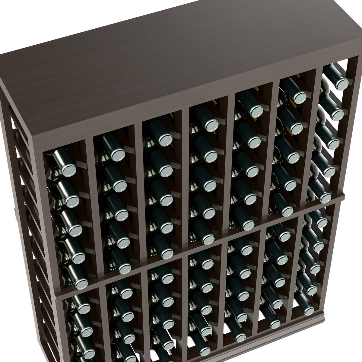 Half-height wine tasting table with solid top; close view of bottle slots in dark wood