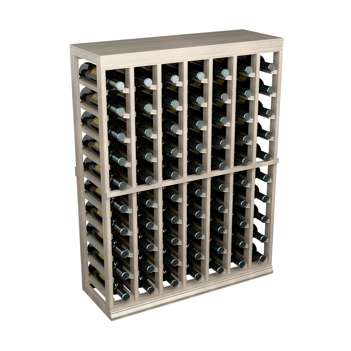 Half-height wine tasting table with solid top, light gray wood rack holding wine bottles