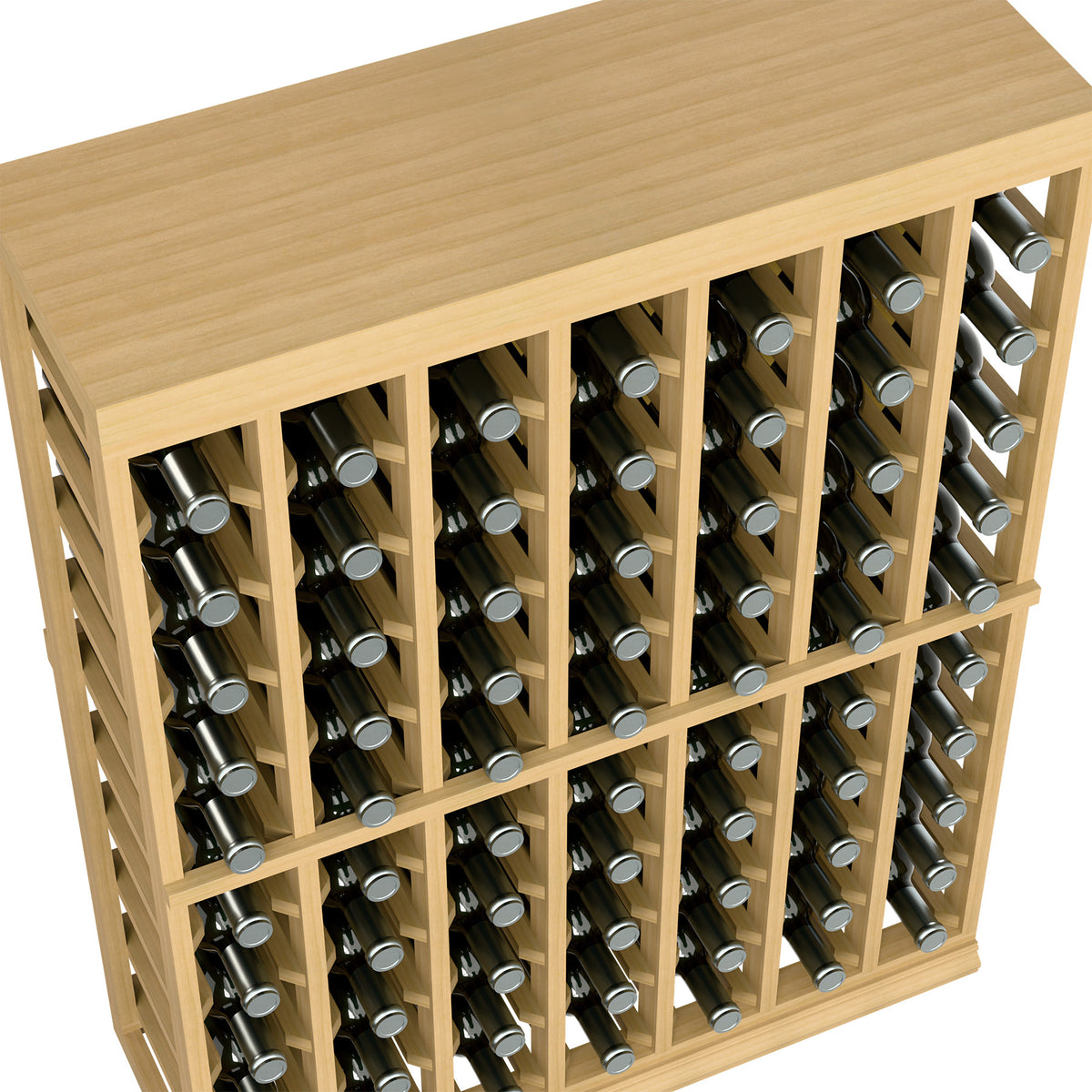 Close-up of wine bottle storage slots on a half-height tasting table with solid top