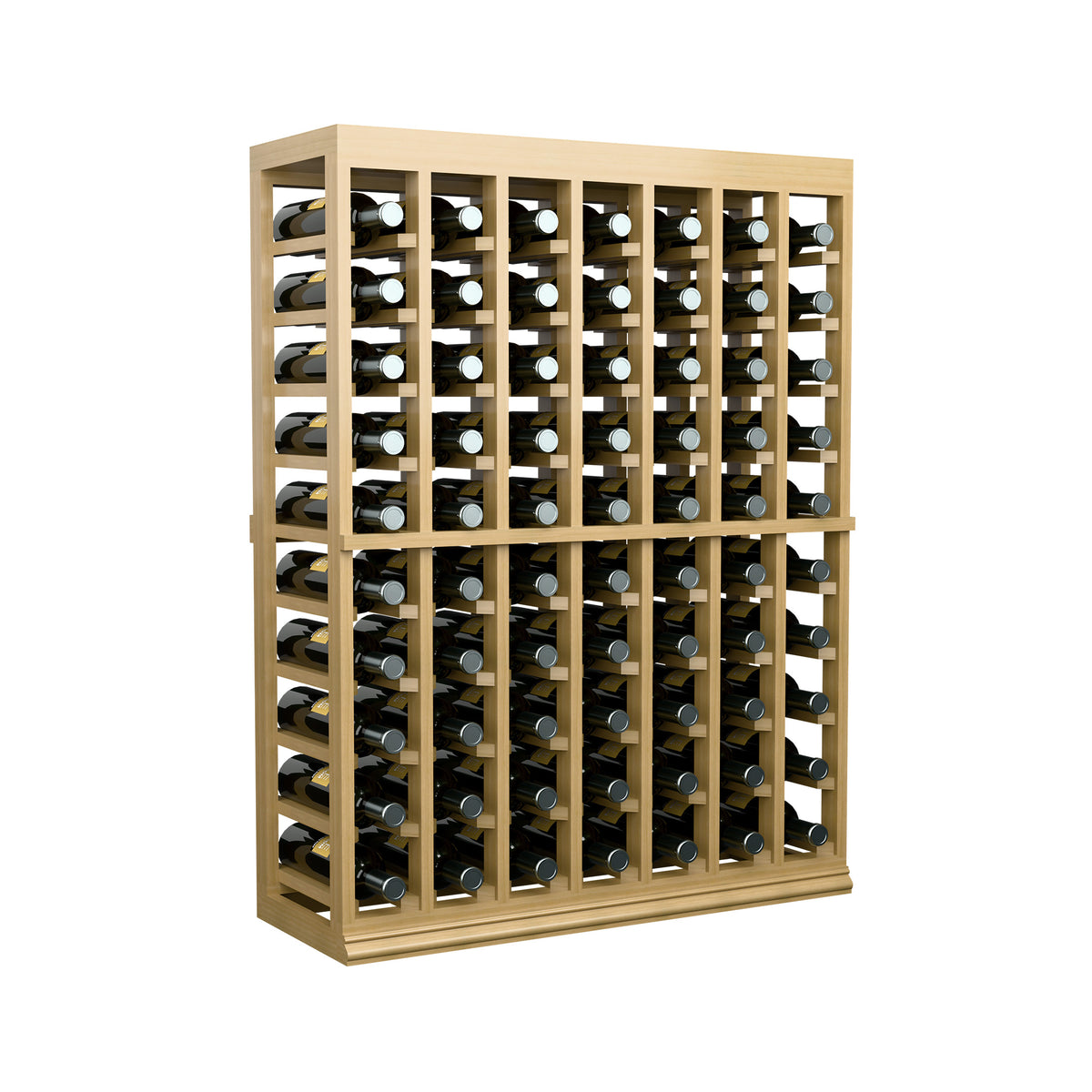 Wine tasting table with solid top, light wood bottle rack with front bottle slots