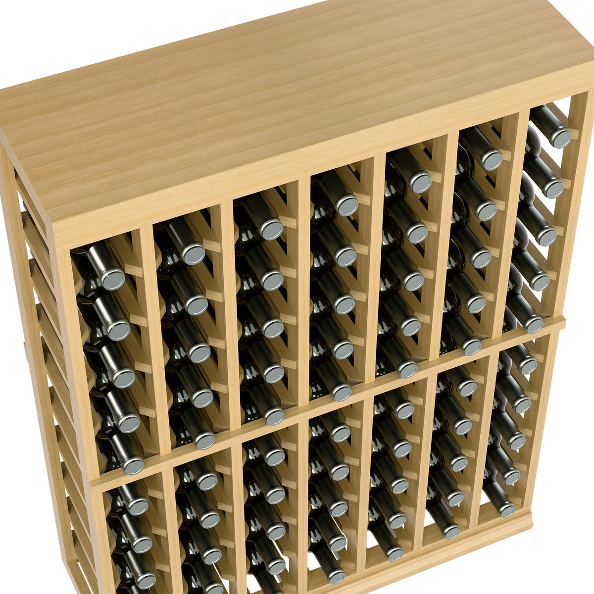 Wine tasting table close-up, light wood frame holding wine bottles in grid slots