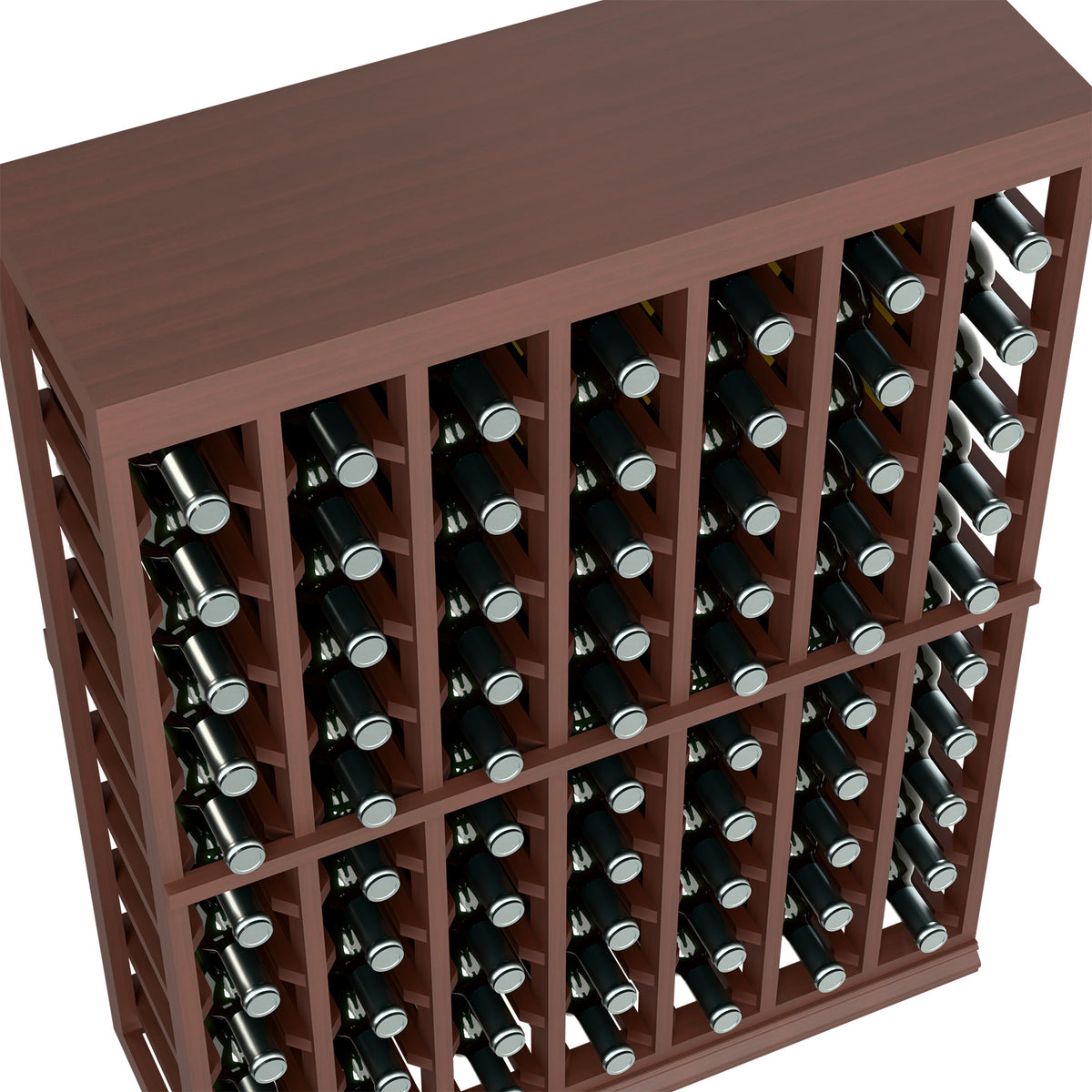 Wine tasting table close-up, dark wood frame with wine bottles in front rows