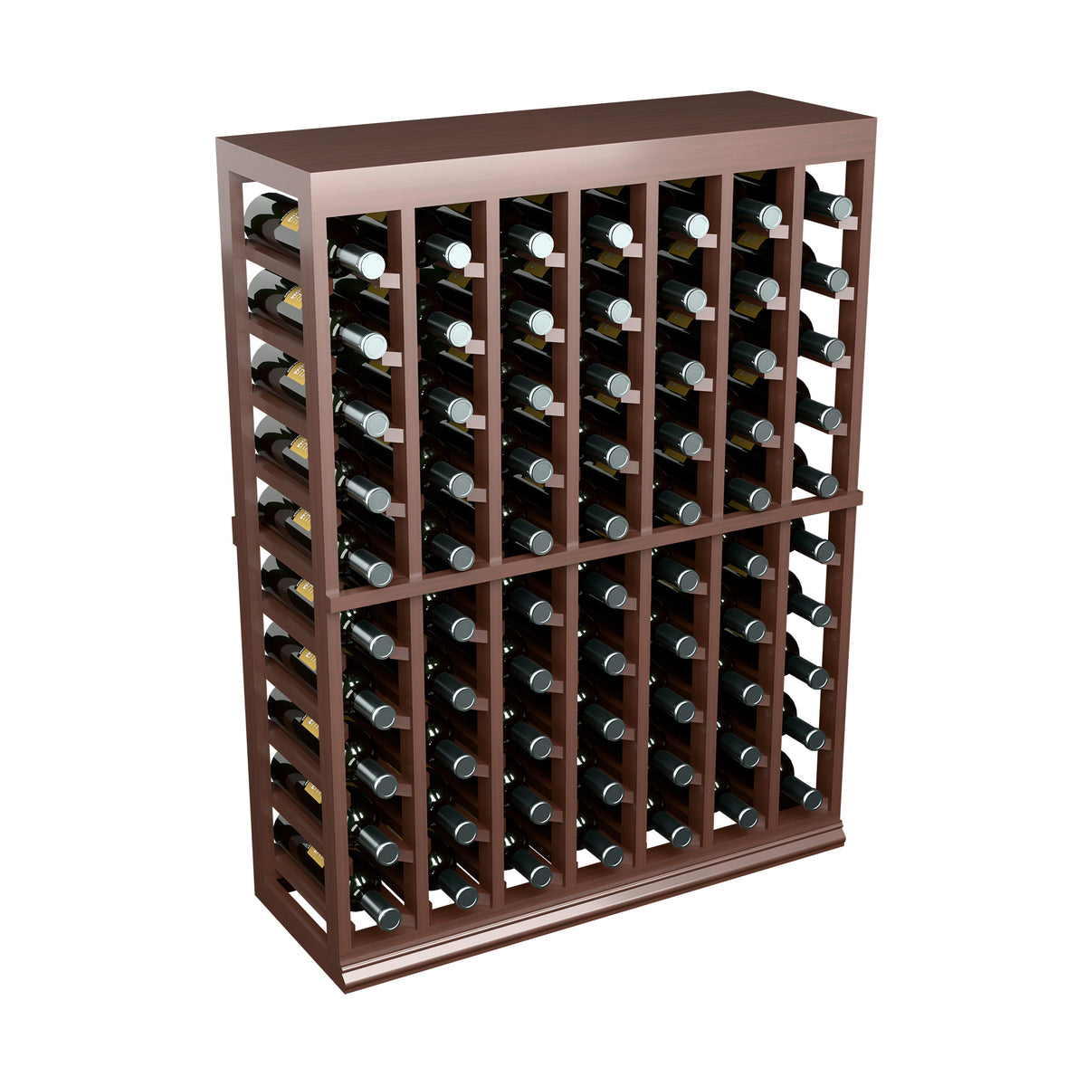 Wine tasting table with solid top, dark wood bottle rack front view with wine bottles