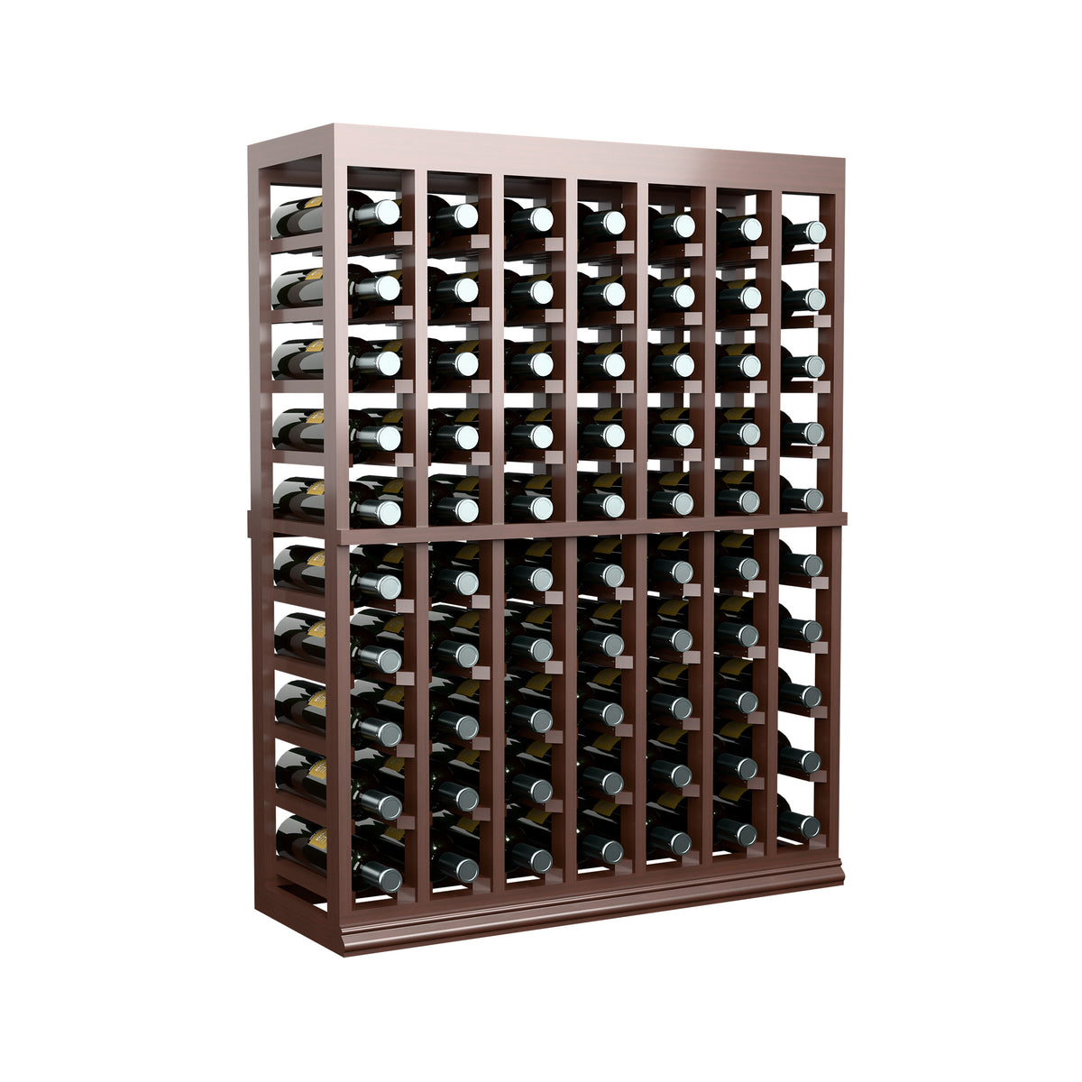 Wine tasting table with solid top, dark wood bottle rack showing front and side rows