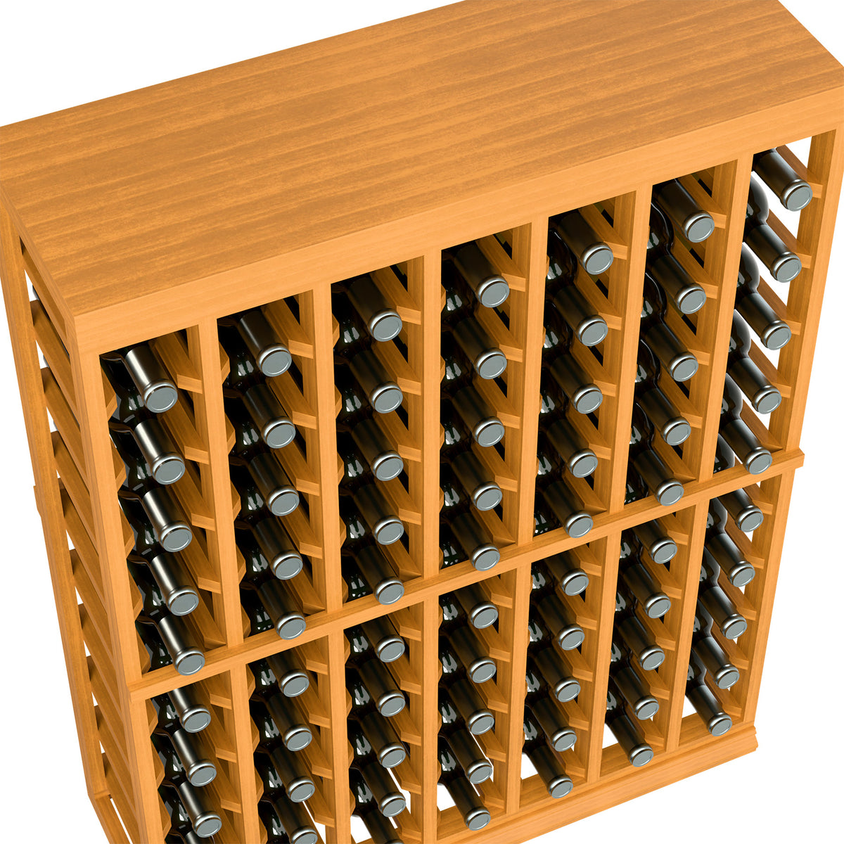 Wood wine tasting rack with solid top, half-height frame holding wine bottles