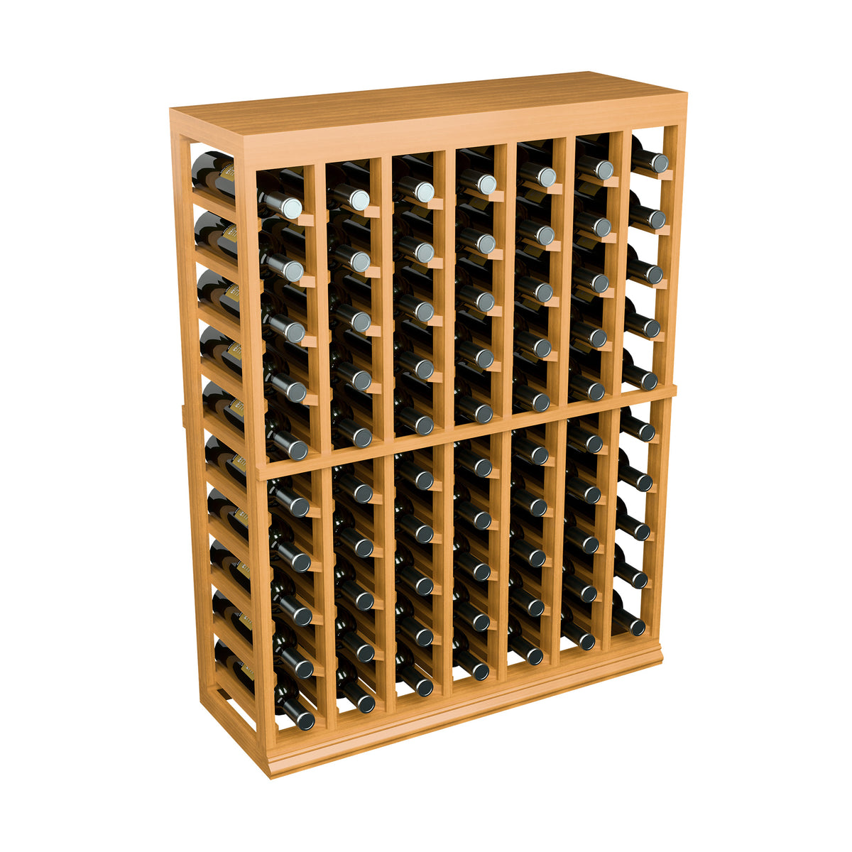 Half-height wine tasting table with solid top, bottle holders in a square grid