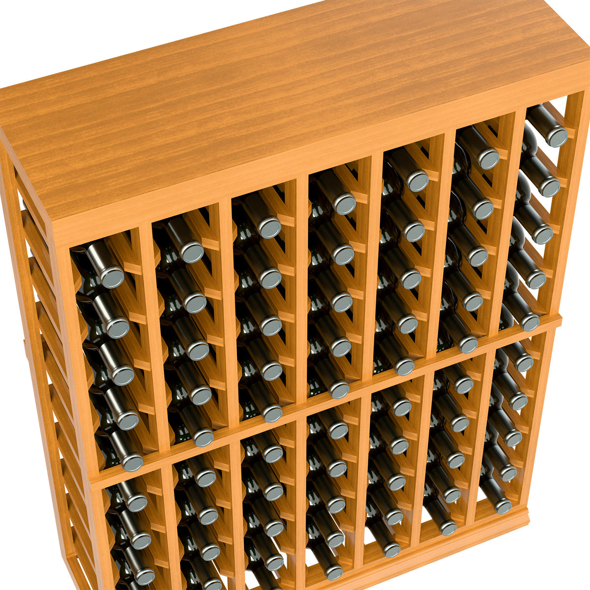 Wood wine tasting rack with solid top, close view of bottle holders and frame