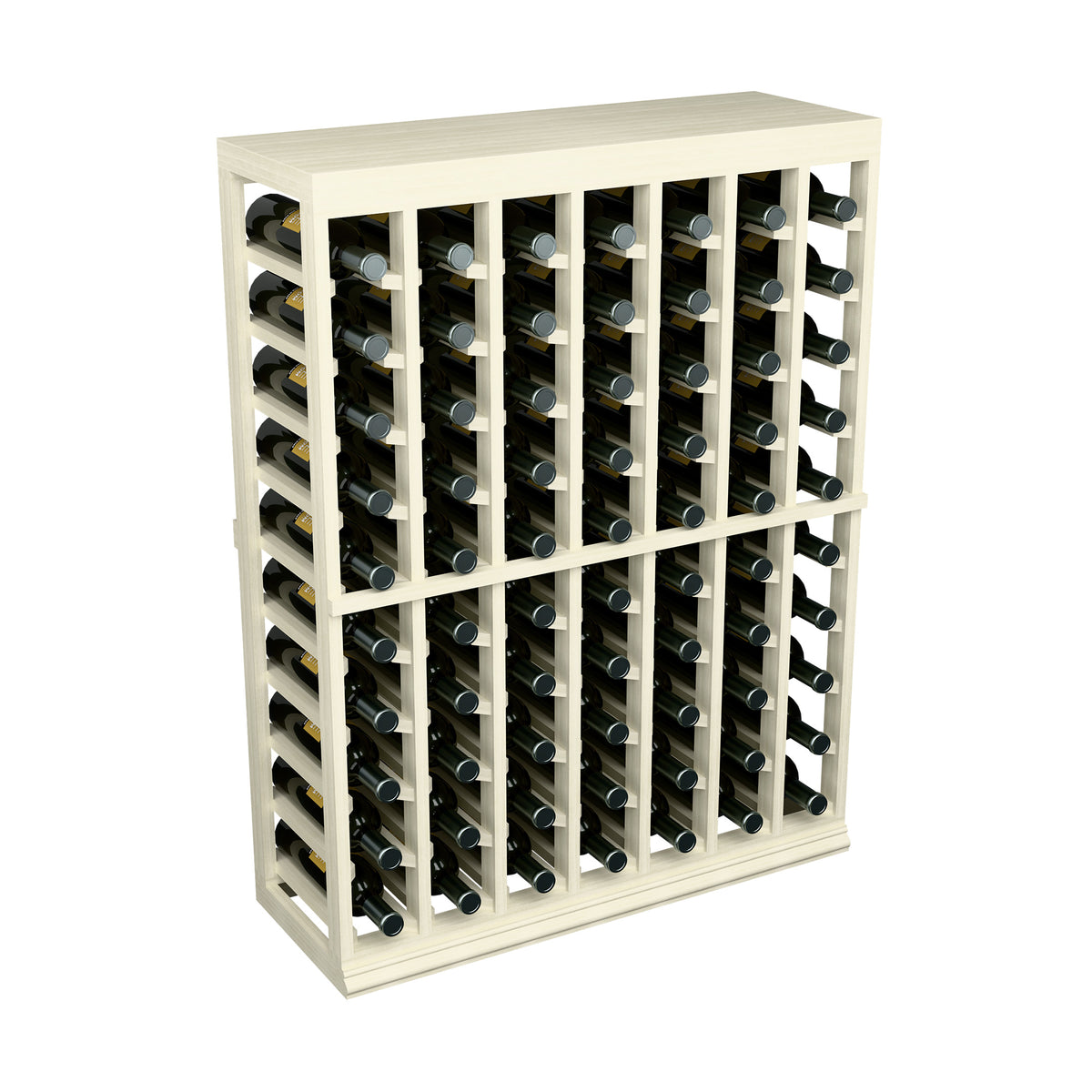 White-washed wine tasting table with solid top and bottle slots in grid rows