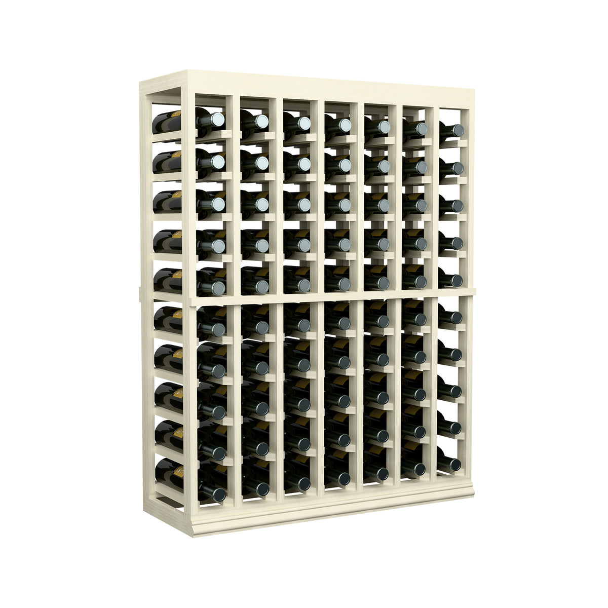 White-washed half-height wine tasting rack with solid top and front bottle holders