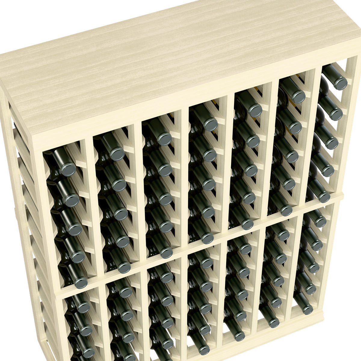 Light wood wine tasting rack with solid top, angled view of bottle holders