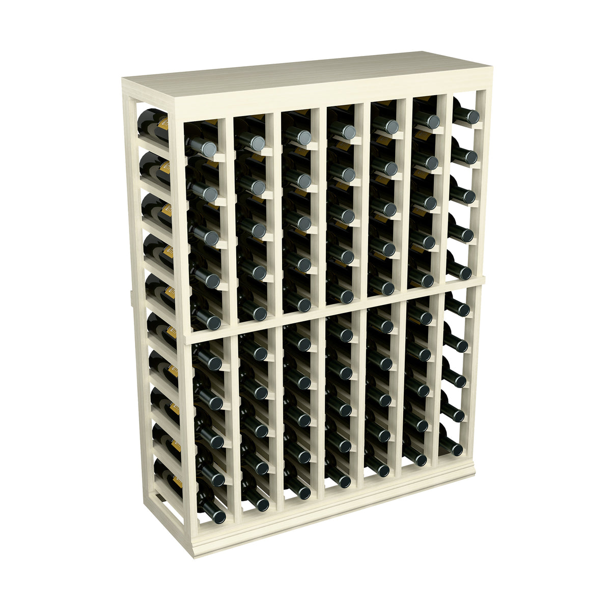 Light wood half-height wine tasting table with solid top, wine bottles in a grid