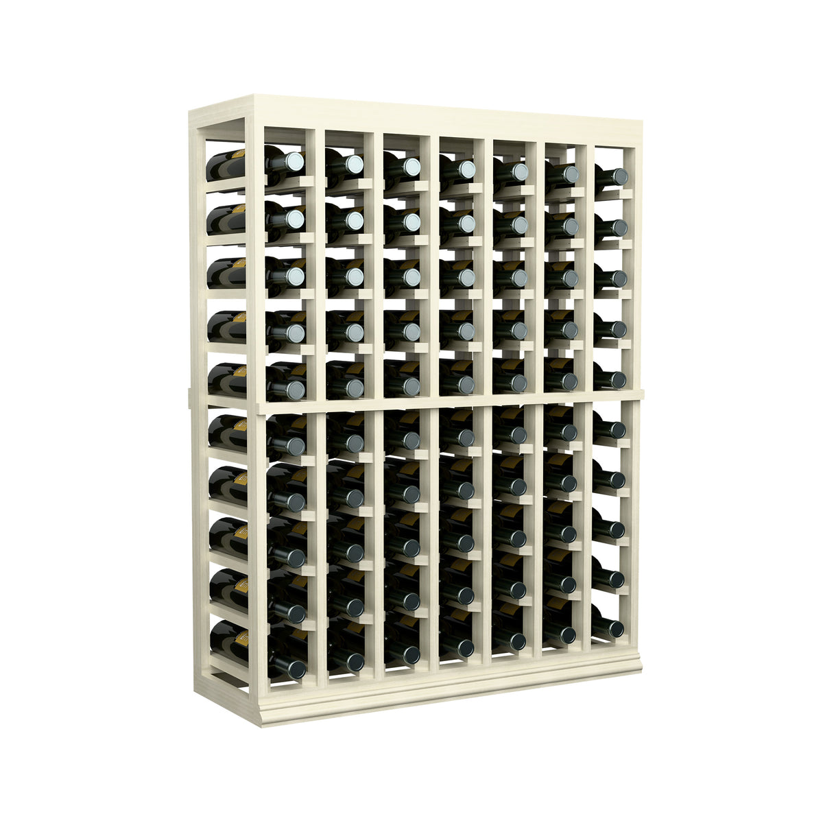 Light wood wine tasting rack with solid top, front view of bottle storage grid