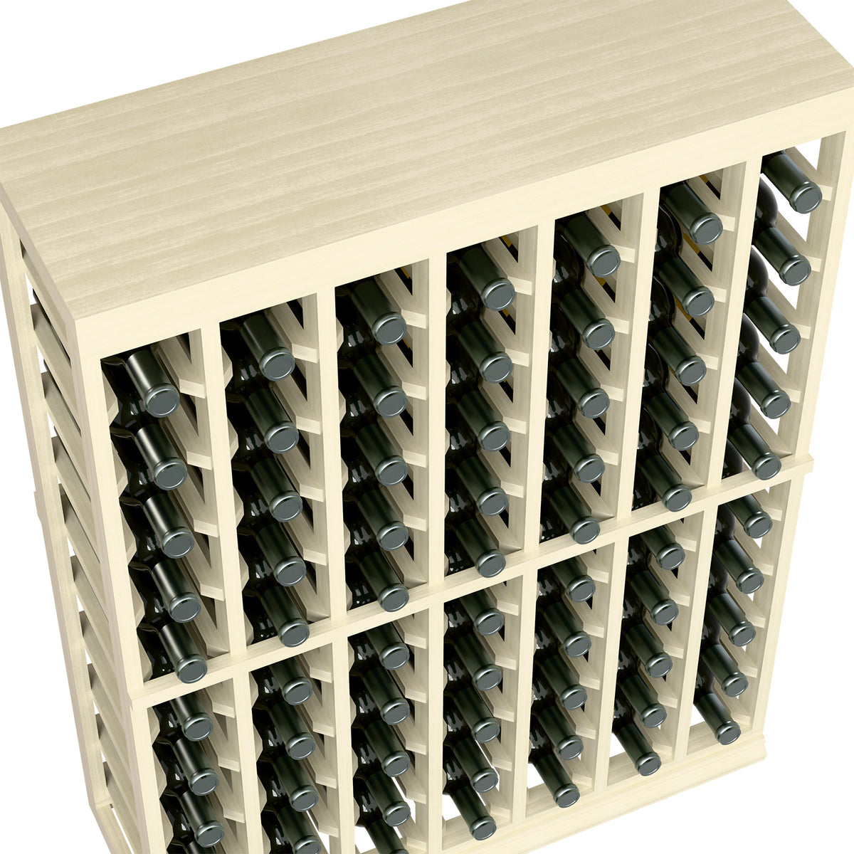 Light wood wine tasting rack with solid top, close view of bottle slots and frame