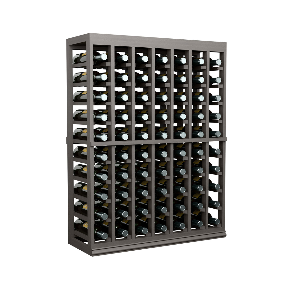 Dark gray half-height wine bottle rack with solid top, front grid holding bottles
