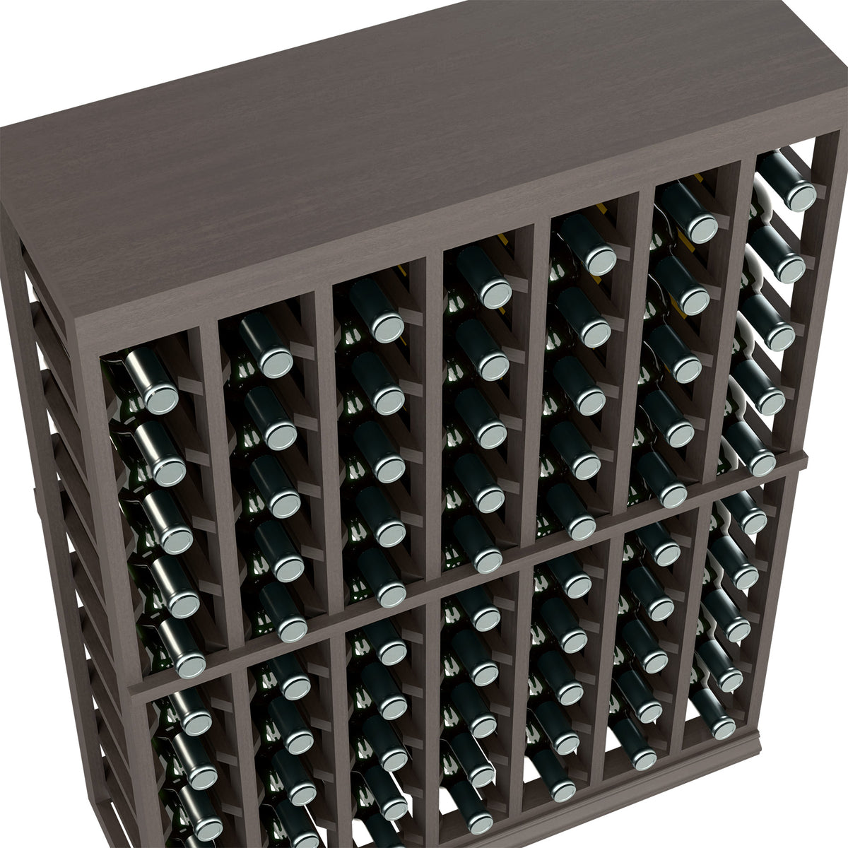 Close-up of dark gray half-height wine bottle rack with solid top and bottle holders