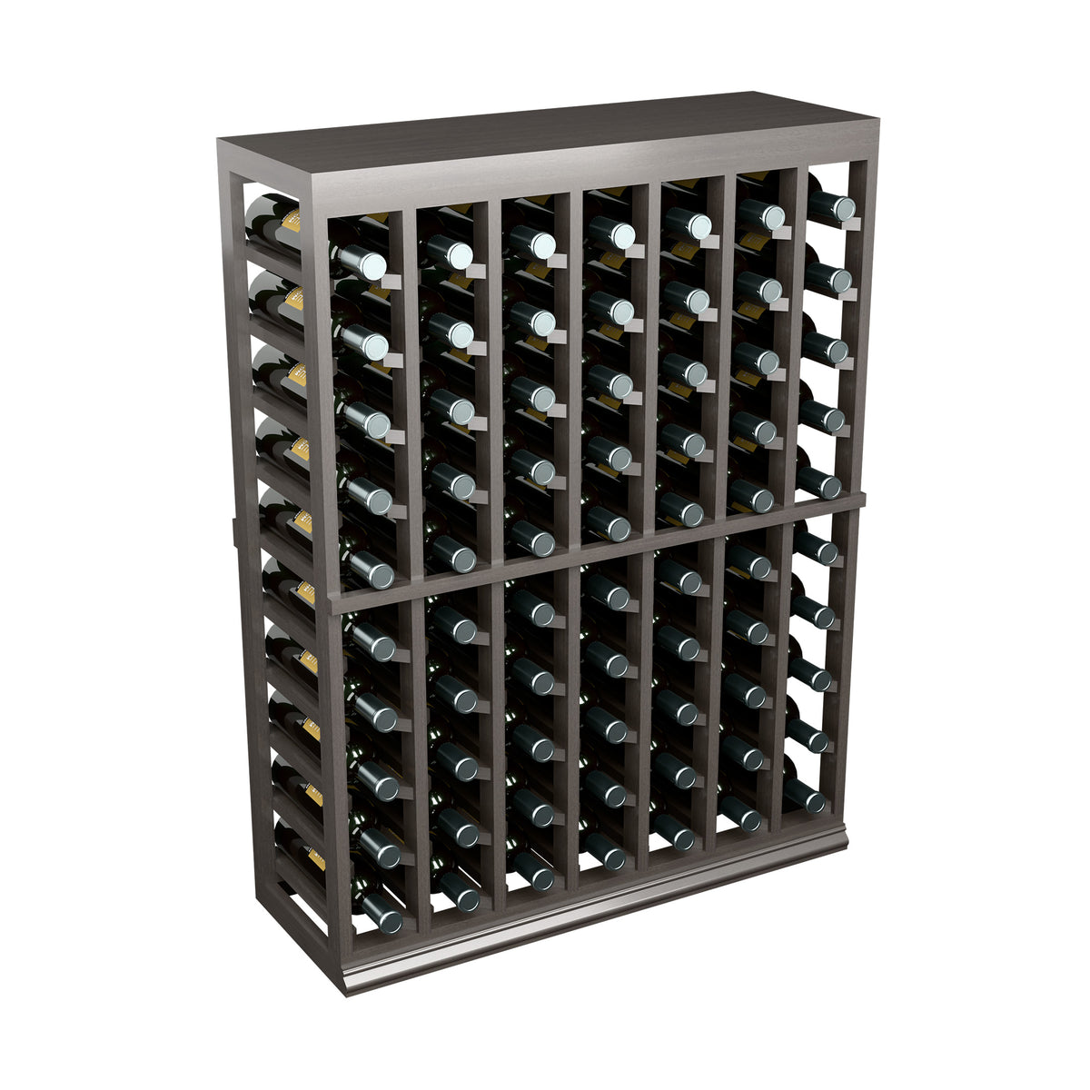 Dark gray half-height wine bottle rack with solid top, front grid and side bottle slots