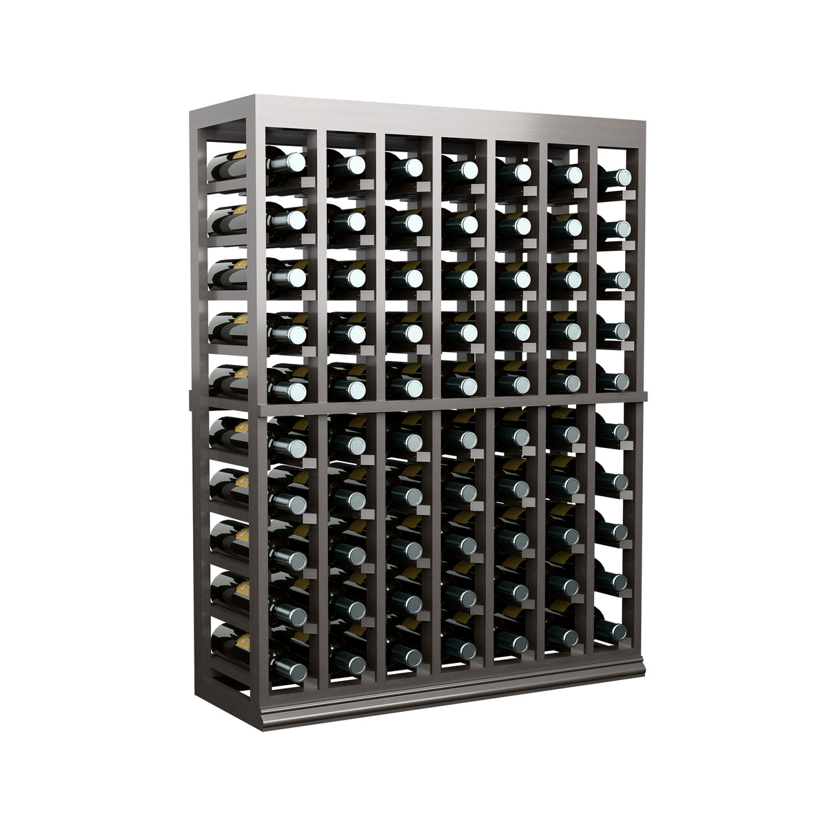 Dark gray half-height wine bottle rack with solid top and tightly spaced bottle holders