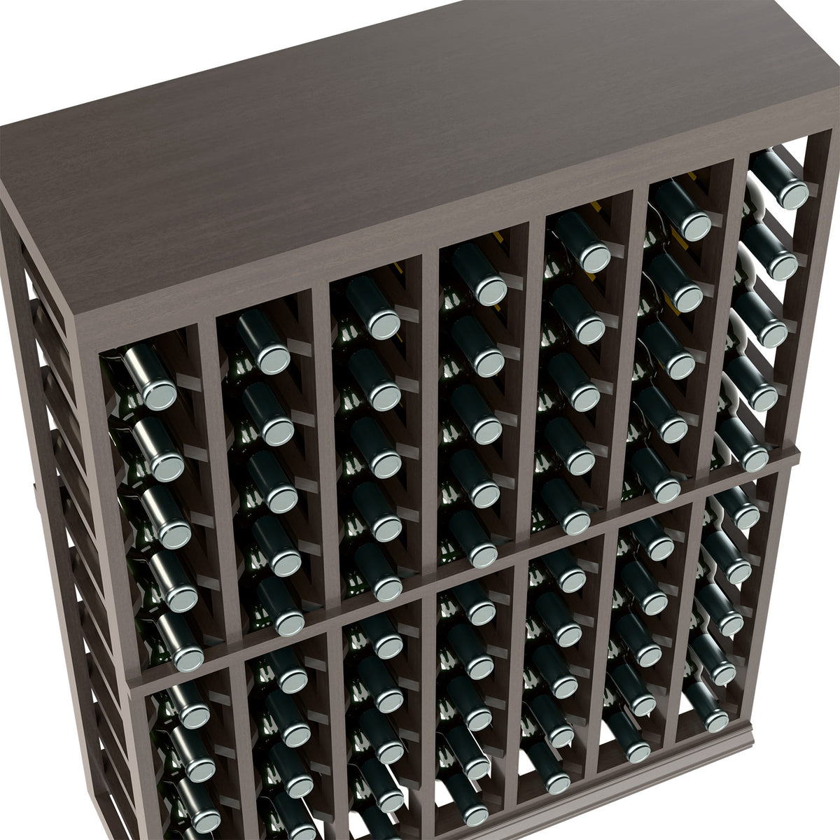 Close-up of dark gray half-height wine bottle rack with solid top and bottle necks