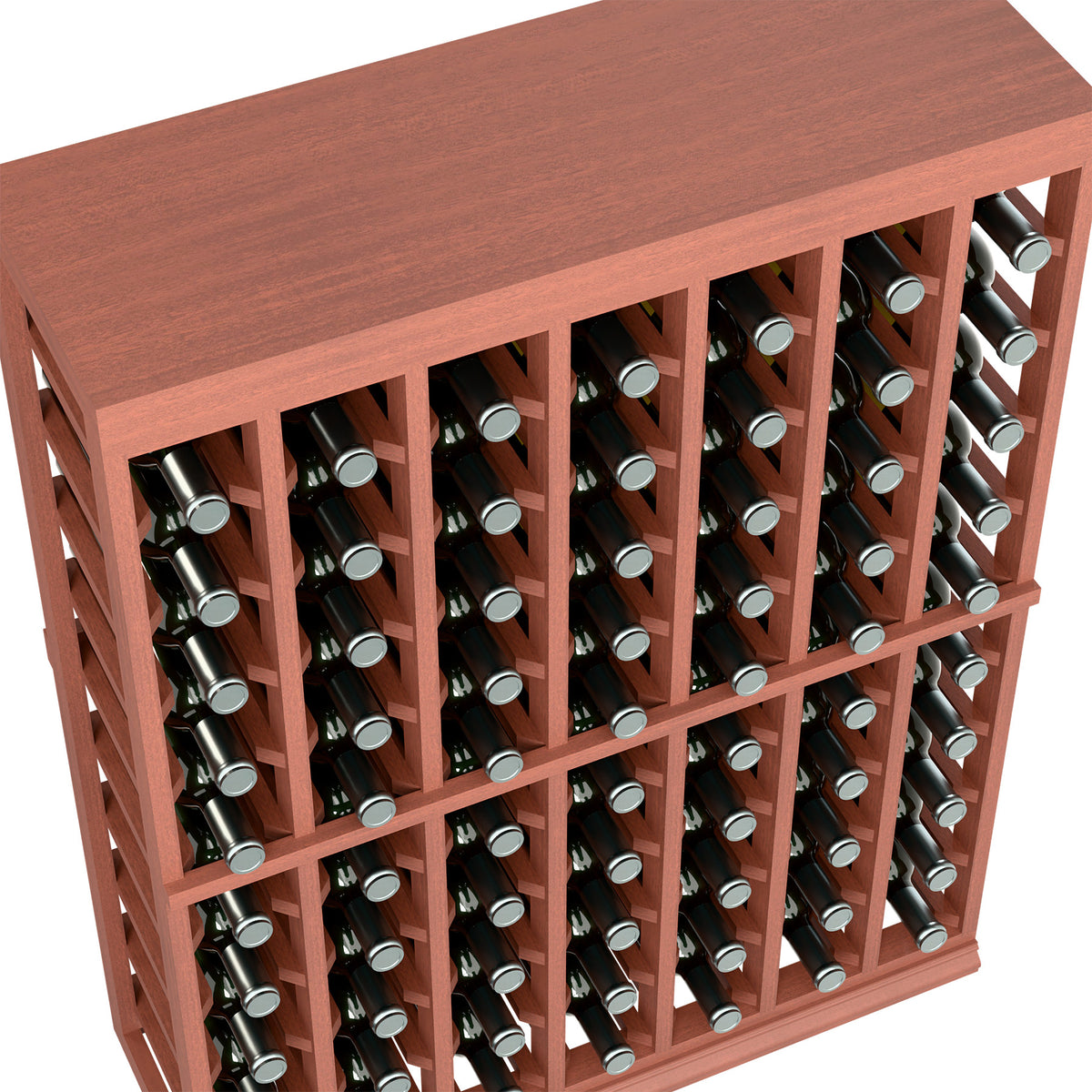 Close-up of reddish-brown half-height wine bottle rack with solid top and bottle holders