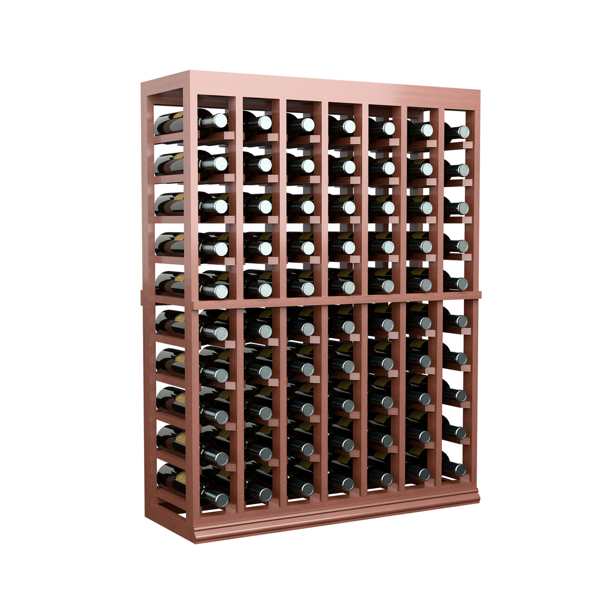 Wooden half-height tasting table with solid top and front wine bottle rack